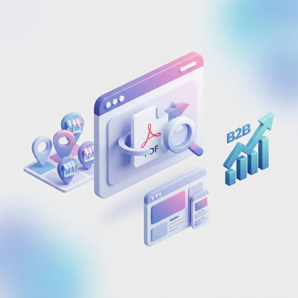 A 3D illustration showing a PDF document icon merging into a search lens and location markers.