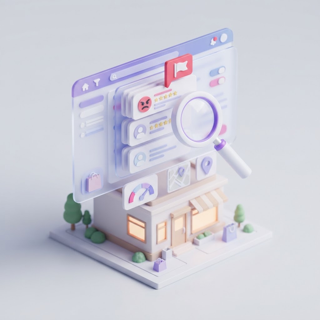 A 3D dashboard interface showing a magnifying glass flagging a suspicious review card.