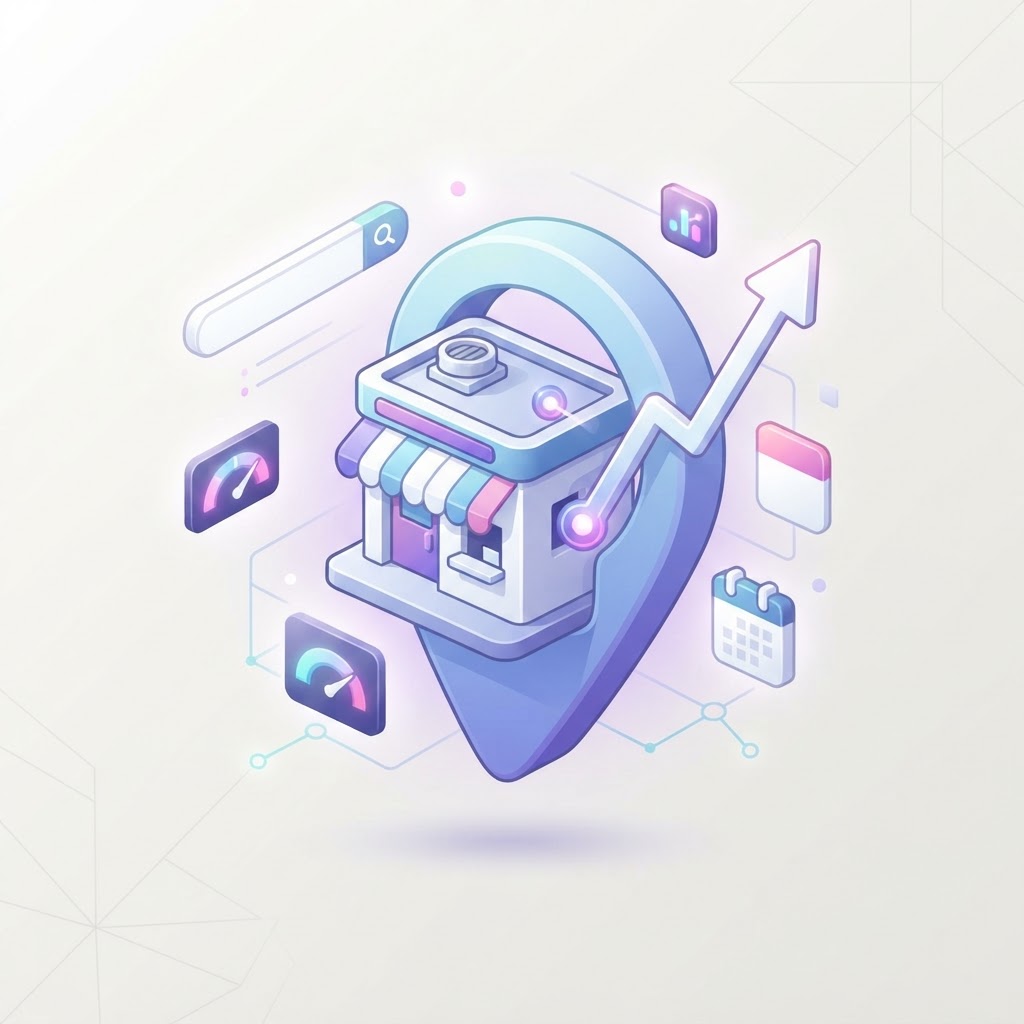 An isometric 3D graphic showing a kitchen storefront icon with a location pin and growth graph.