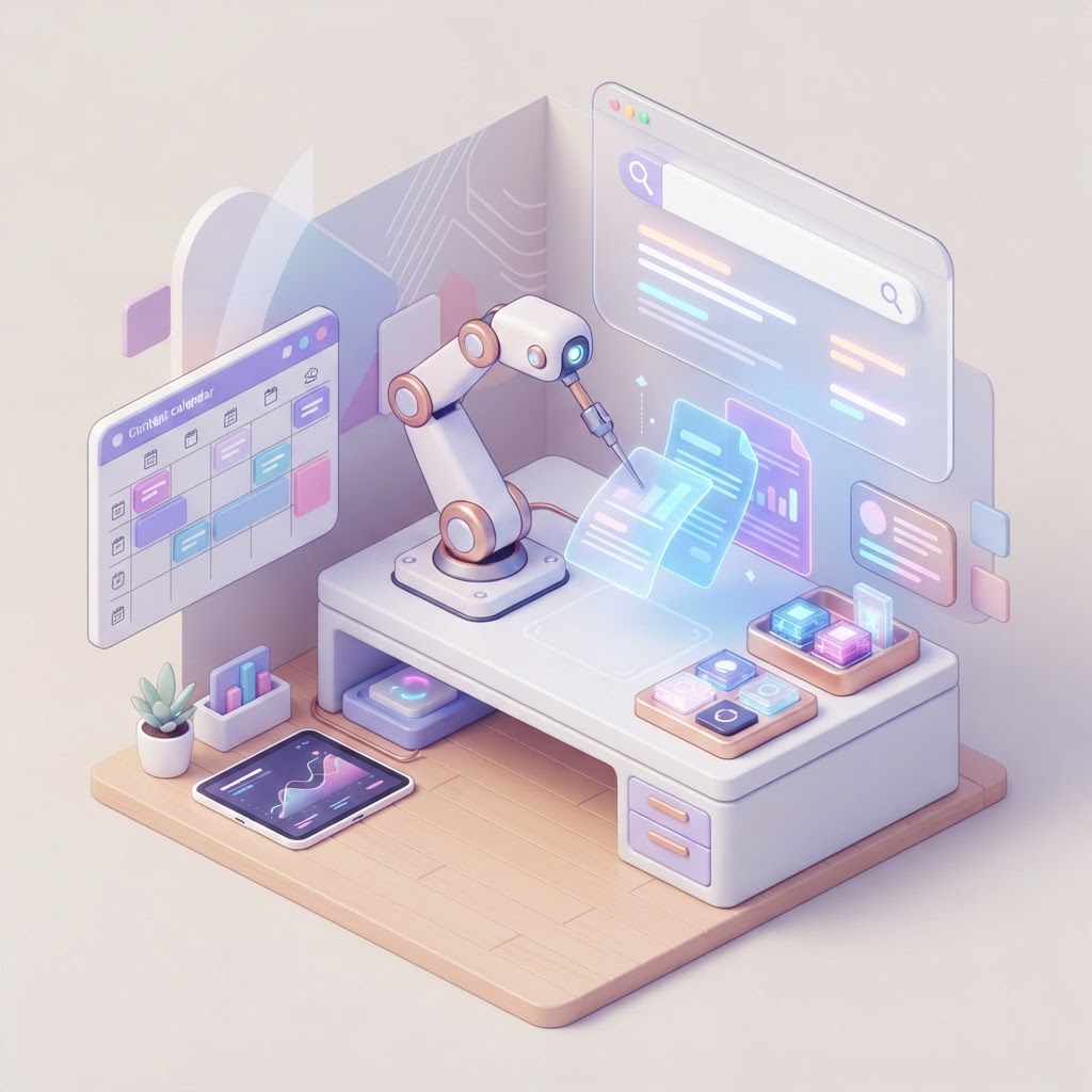 A 3D isometric illustration of a robot refining digital content next to a browser search interface.