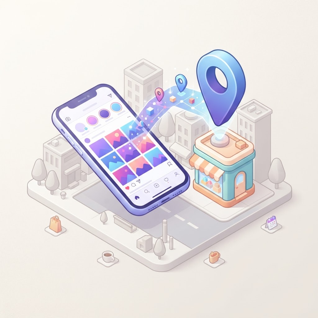 A smartphone interface merging into a local map pin above a storefront to represent social SEO.
