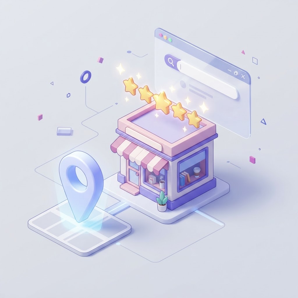 A 3D illustration of a local storefront with floating star icons and a digital map pin.