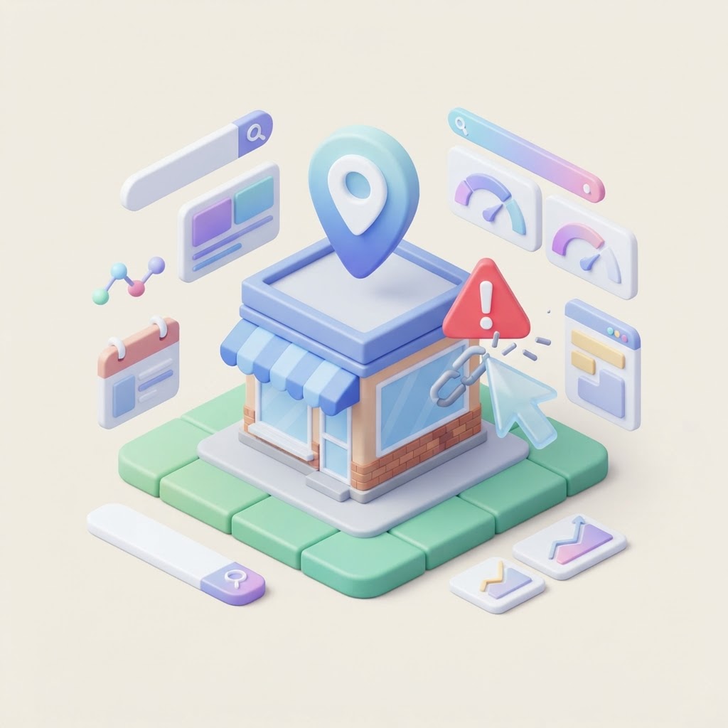 A 3D isometric illustration of a digital map pin with a cursor clicking a red warning icon.