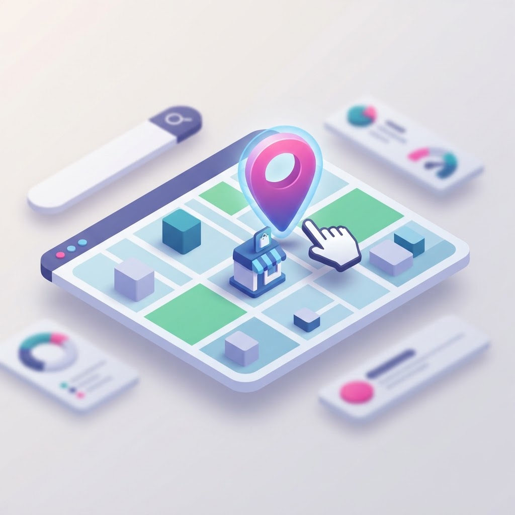 Isometric illustration of a map location pin being adjusted on a digital business map.