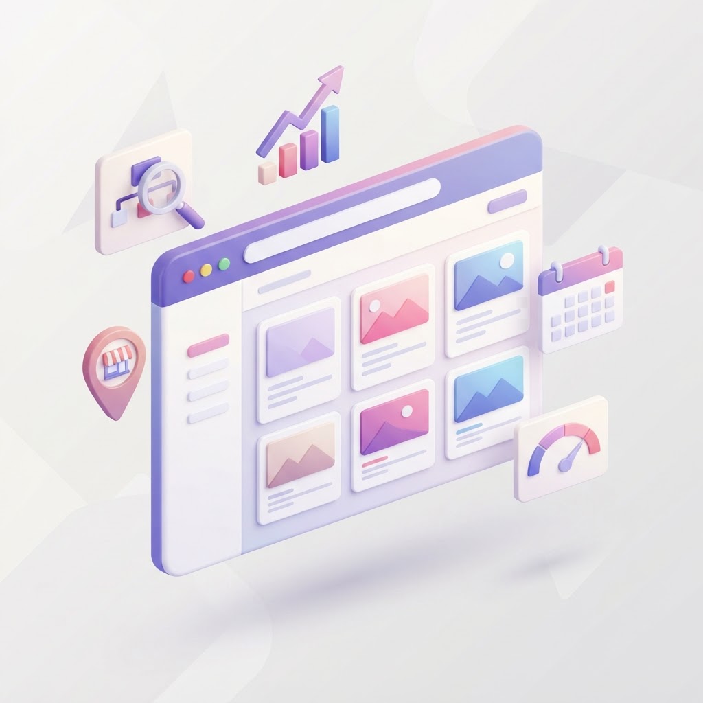 A 3D illustration showing a browser window with project cards and SEO icons on a light background.