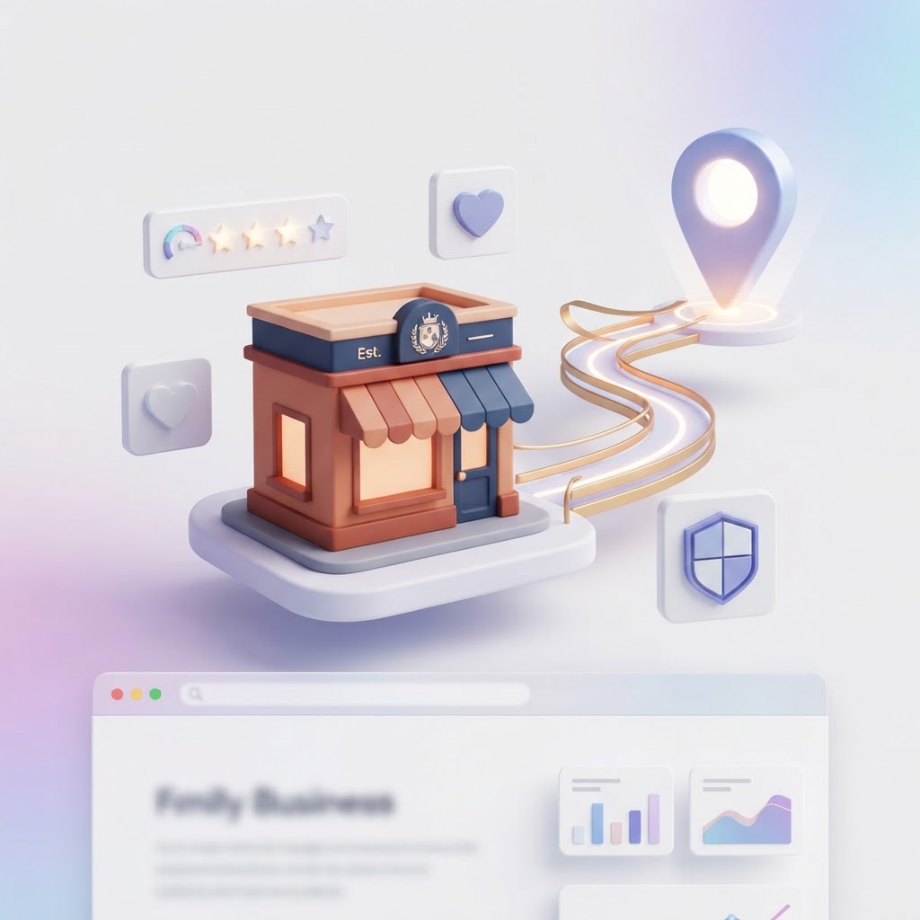 A 3D illustration of a local storefront linked to a digital map with icons representing trust.