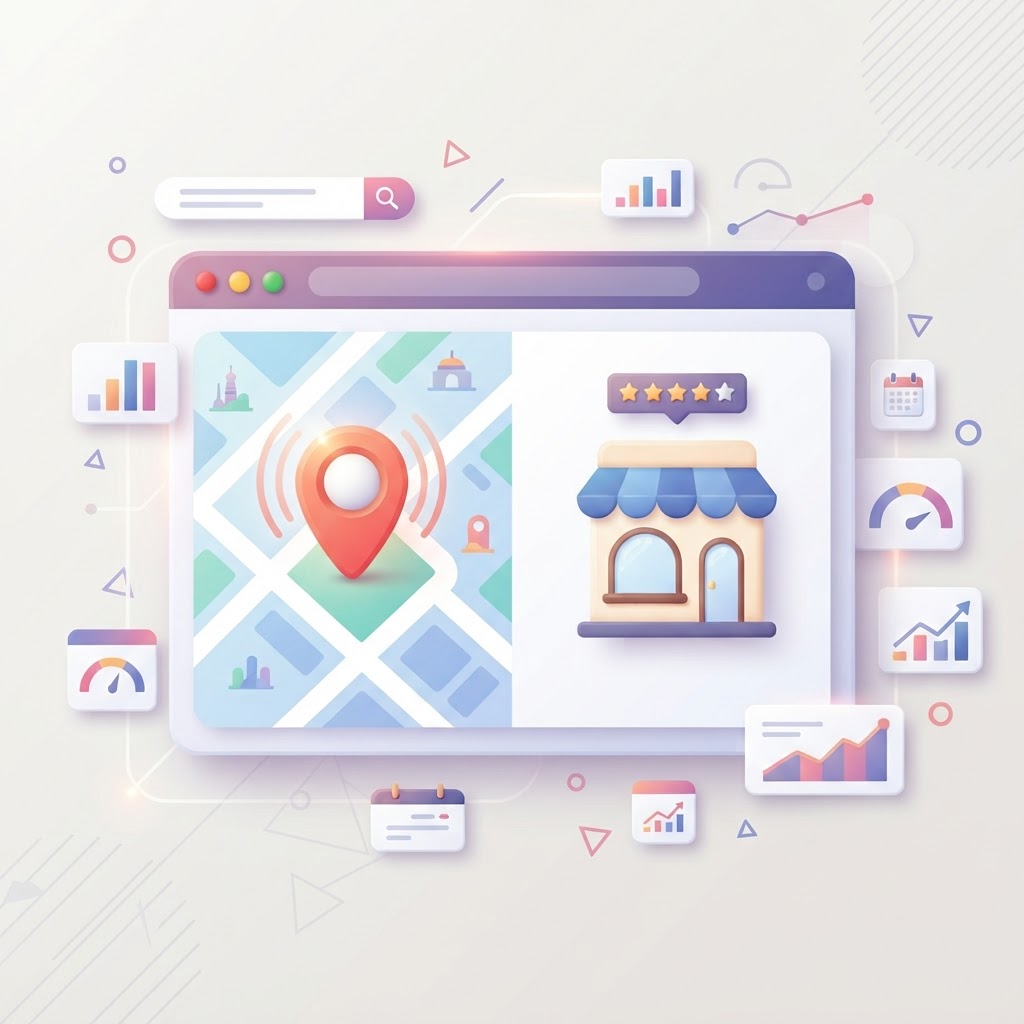A 3D graphic showing a map pin icon and a store icon in a browser window for local SEO concepts.
