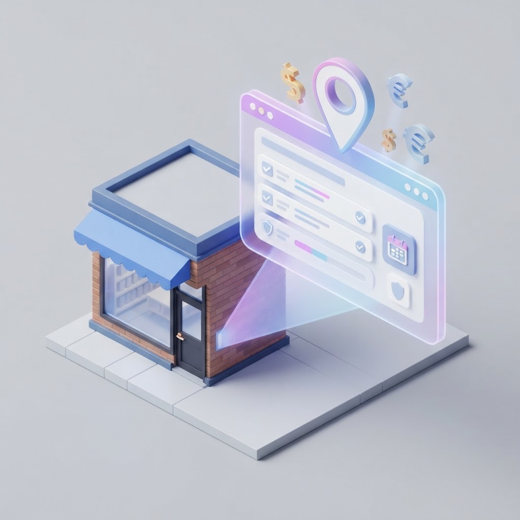 A modern 3D illustration showing a home service storefront connected to a browser payment interface.