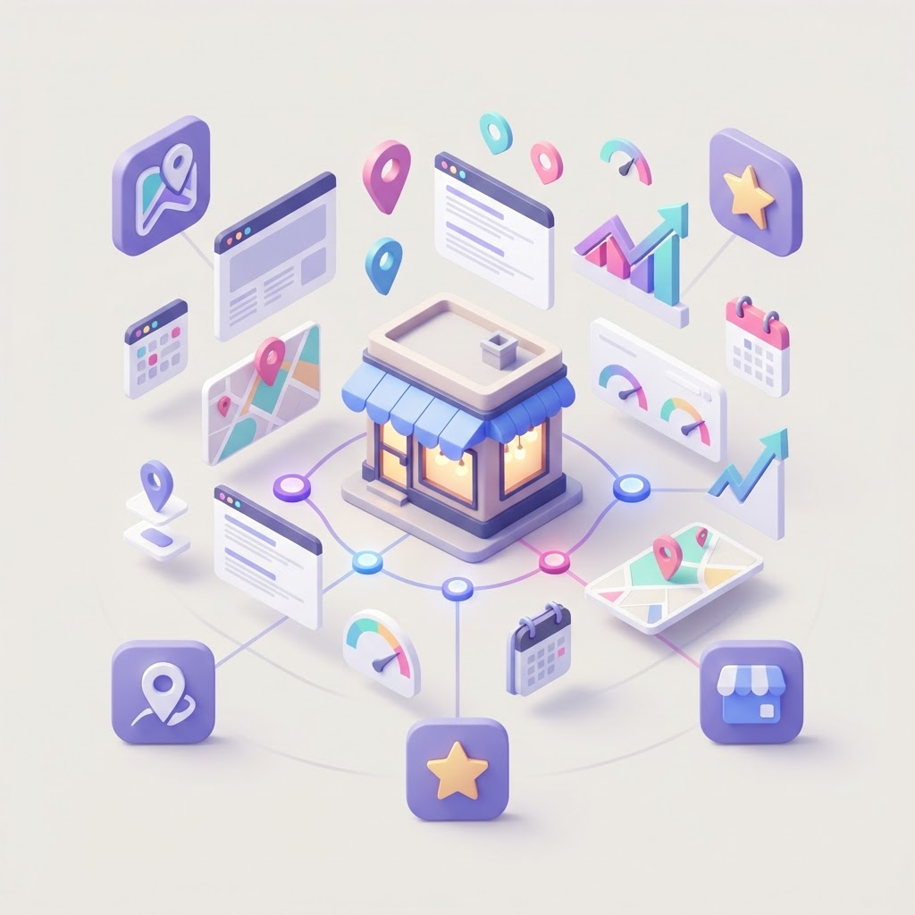 An isometric 3D graphic showing a small business storefront connected to digital navigation icons.