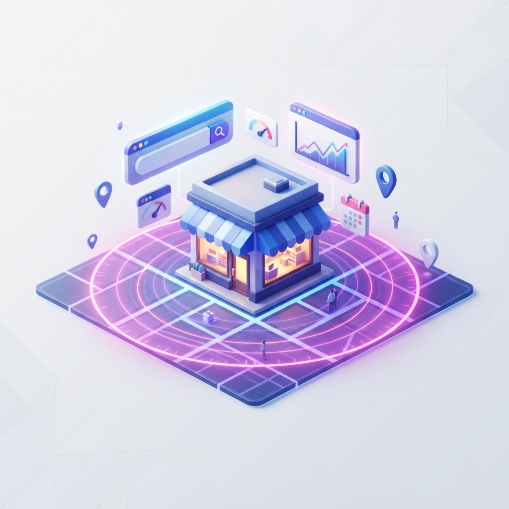 A 3D graphic showing a small storefront at the intersection of a digital map and a geofence ring.
