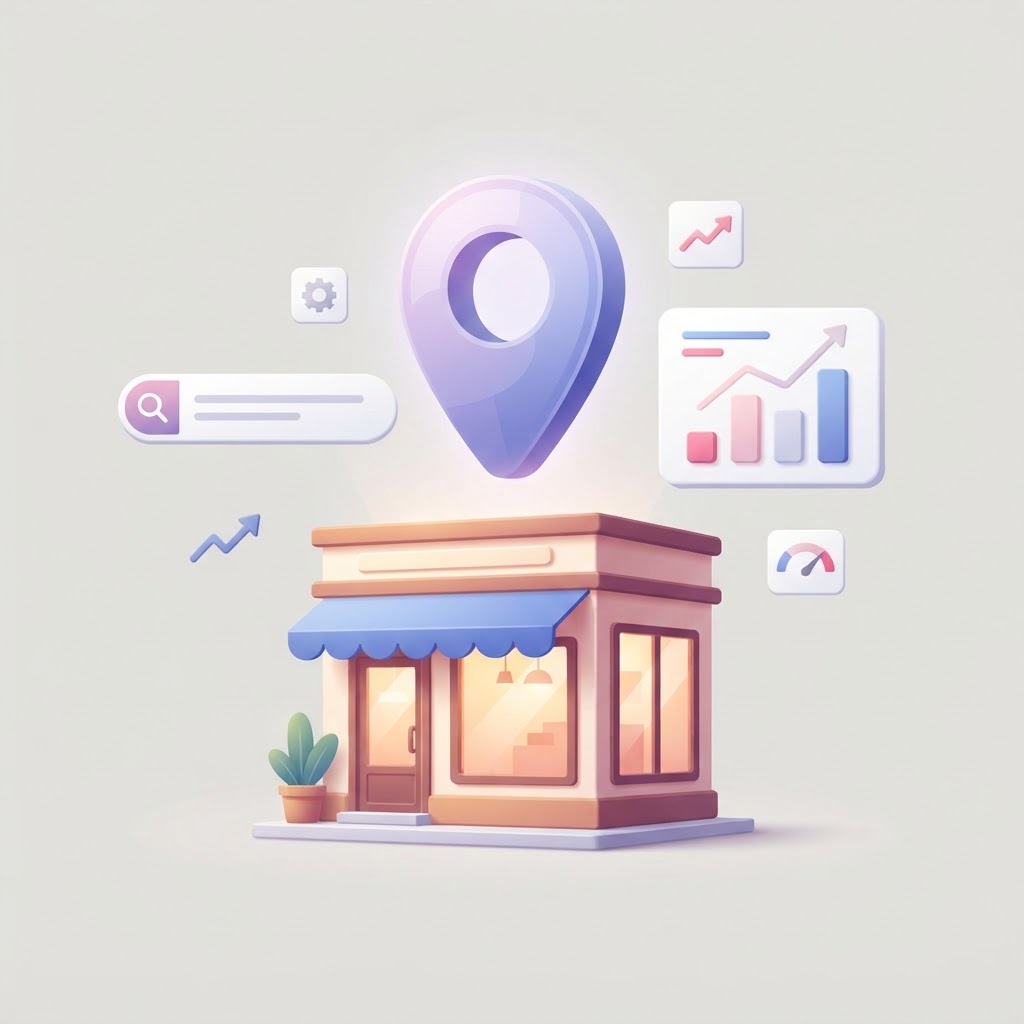 A 3D map pin and business storefront icon representing local SEO competitor analysis.