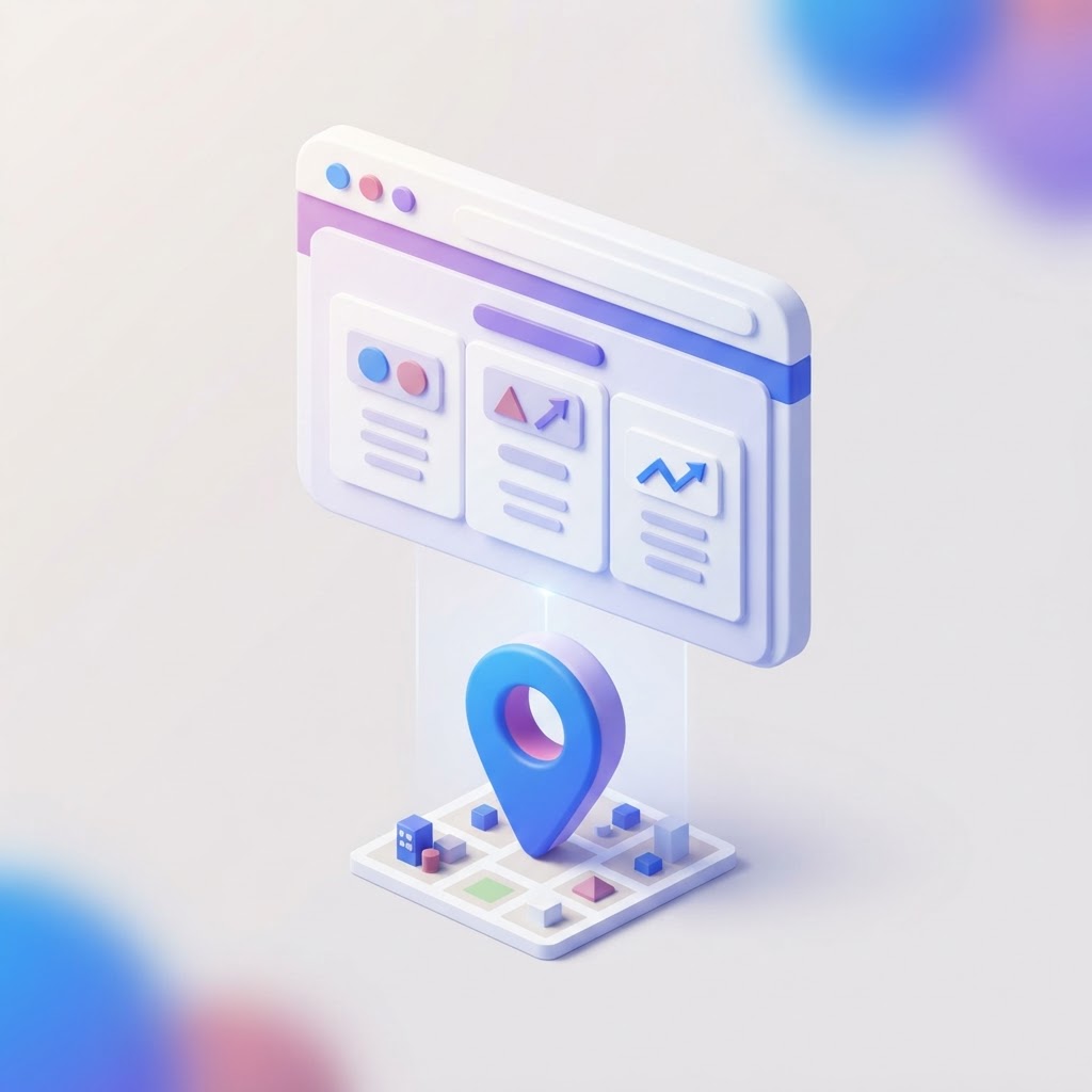 A 3D isometric graphic showing a browser pricing page hovering over a local map marker.
