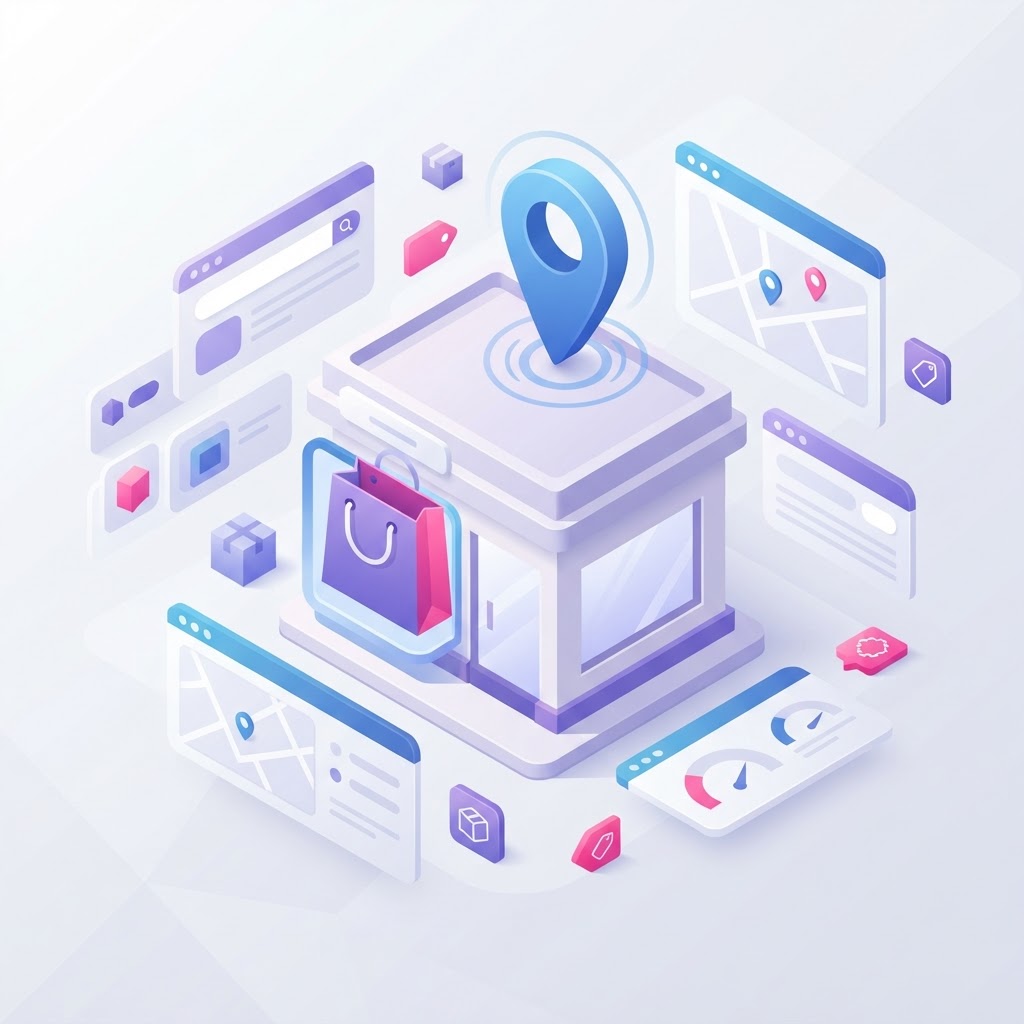 A 3D icon of a local storefront building integrated with a shopping bag and a map pin.