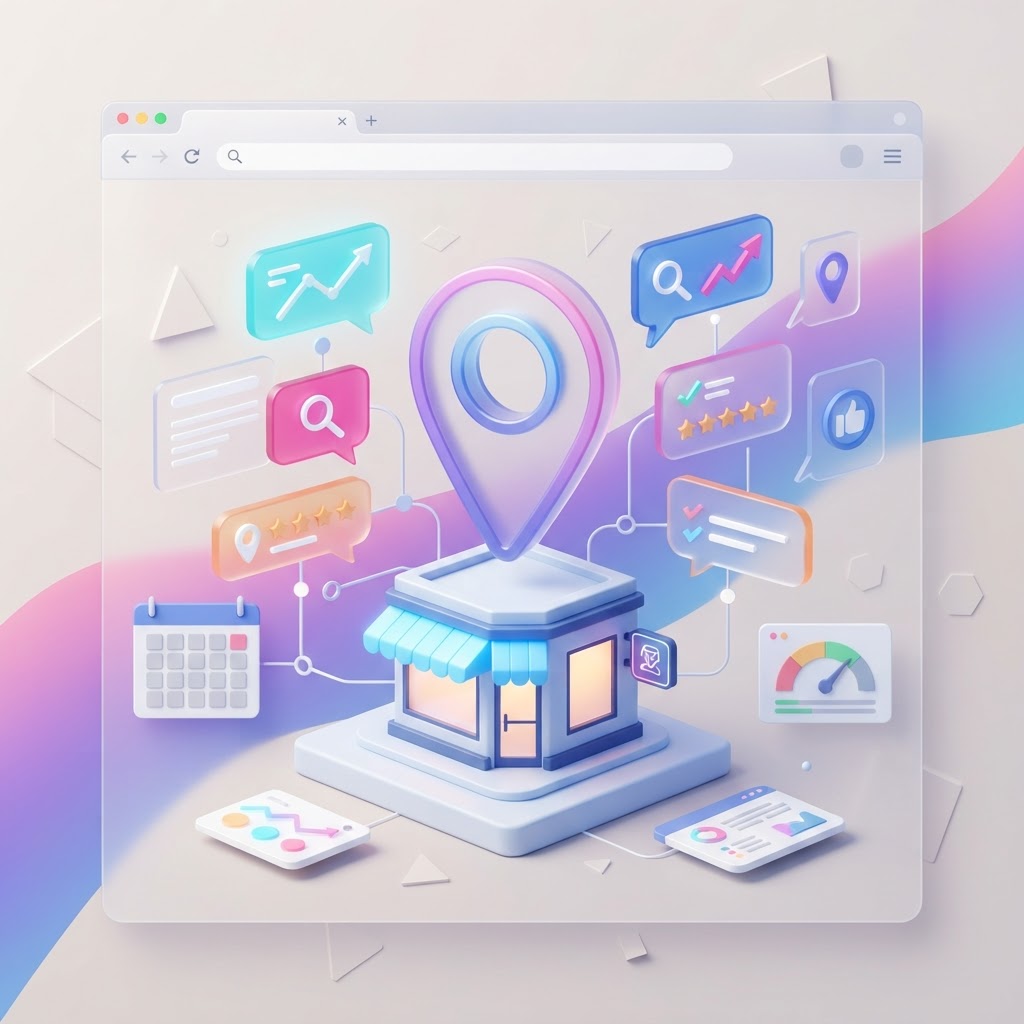 A digital map pin and storefront icon surrounded by abstract speech bubbles representing brand mentions.