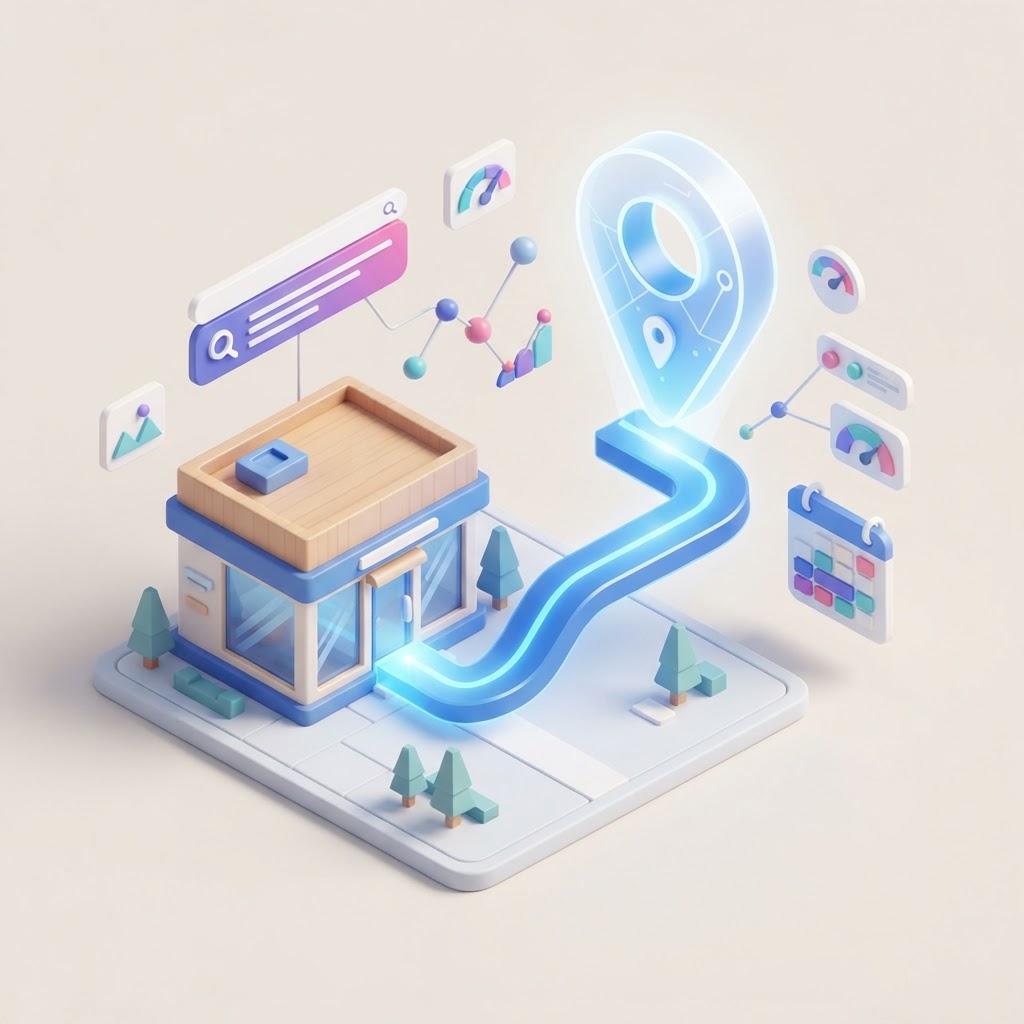 A 3D isometric storefront connected to a map pin, representing local e-commerce strategy.