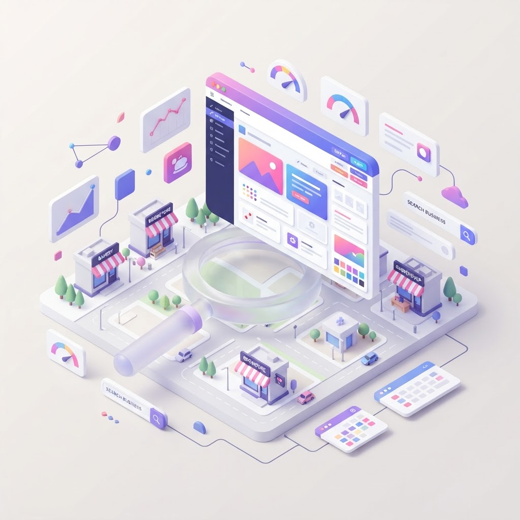 Isometric neighborhood map with website icons and a magnifying glass for SEO concept.