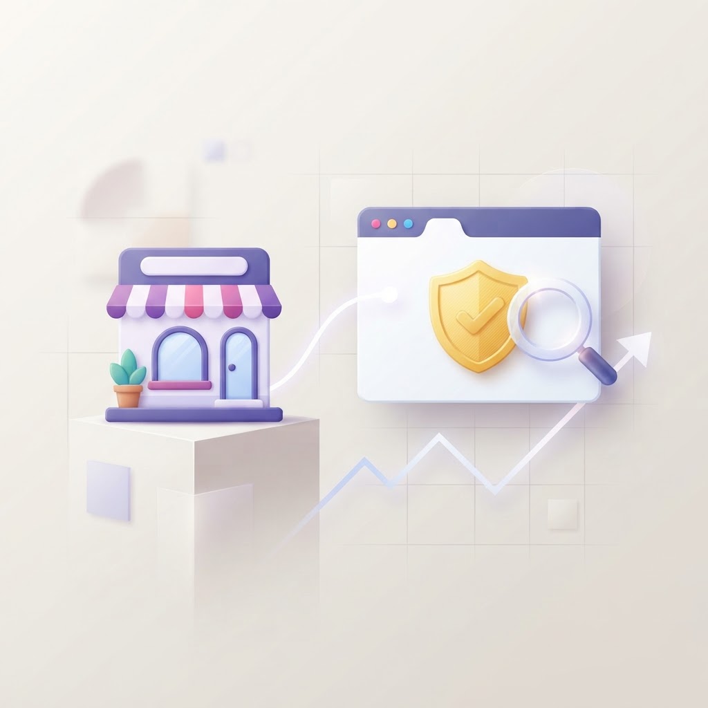 A storefront icon linked to a browser tab with a shield icon representing warranty page SEO.