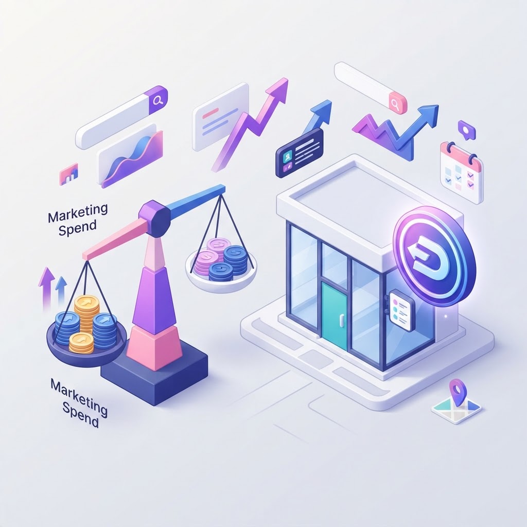 A 3D isometric storefront icon being balanced against marketing budget coins on a digital scale.