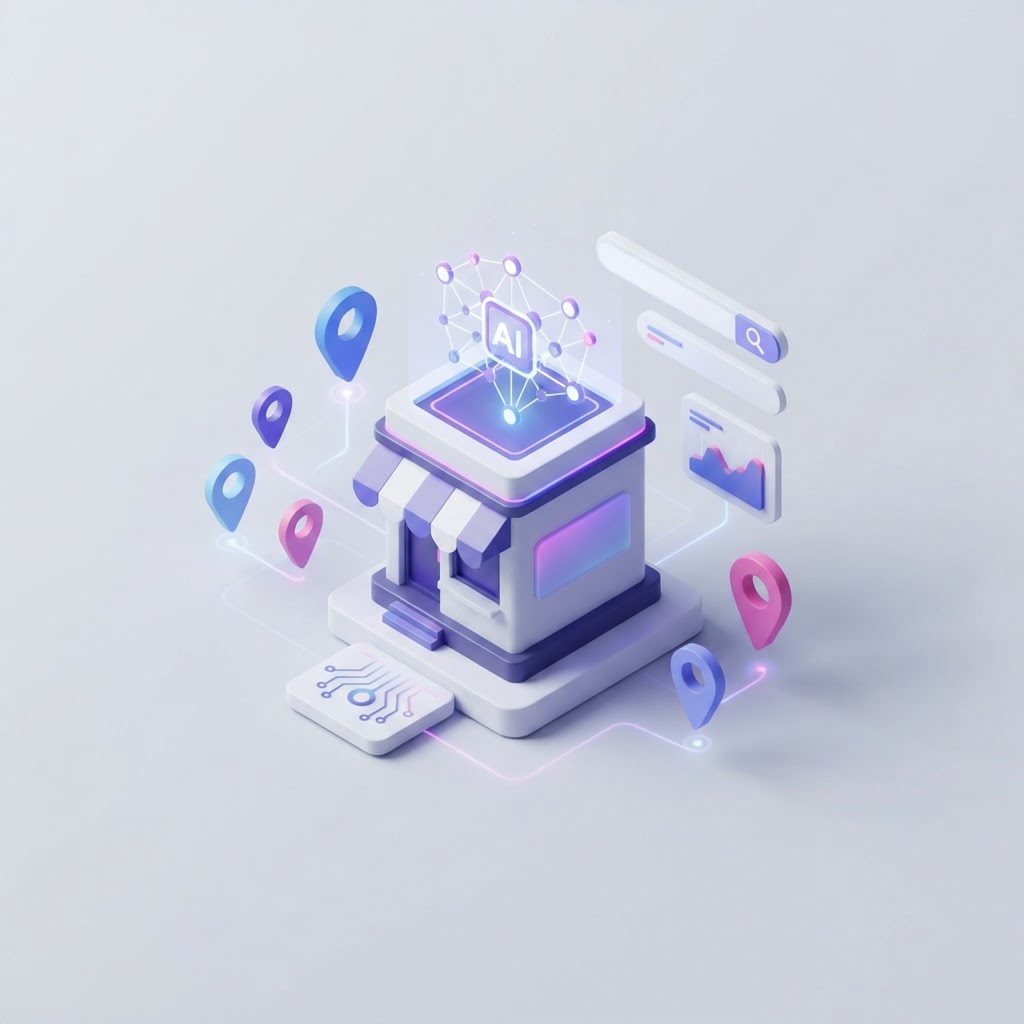 A 3D icon of a storefront connected to digital AI search nodes and map pins.