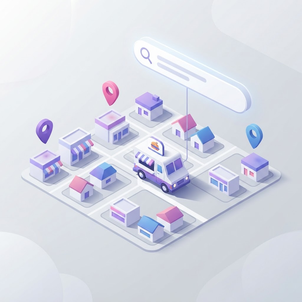 A 3D isometric food truck icon navigating a map with location pins and a search interface.