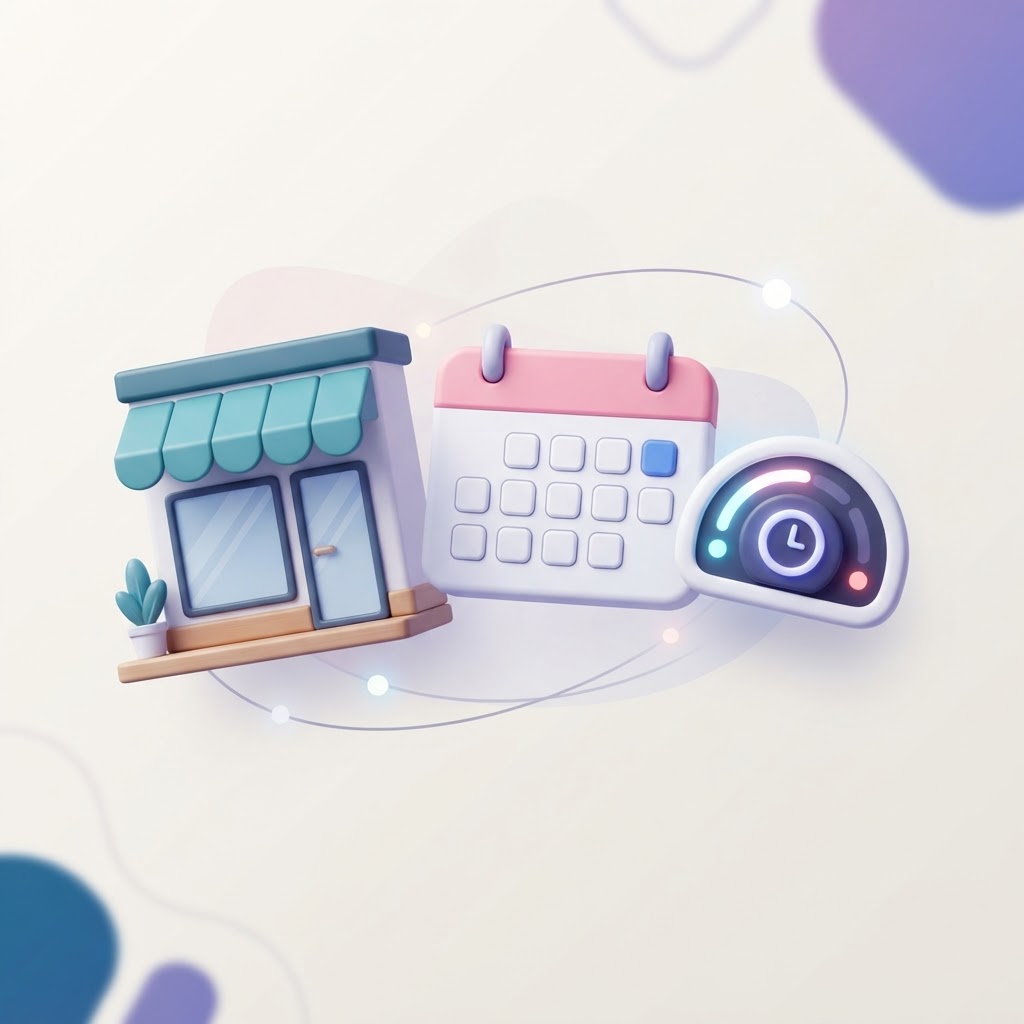 A 3D illustration featuring a storefront icon, a calendar, and a clock symbol.