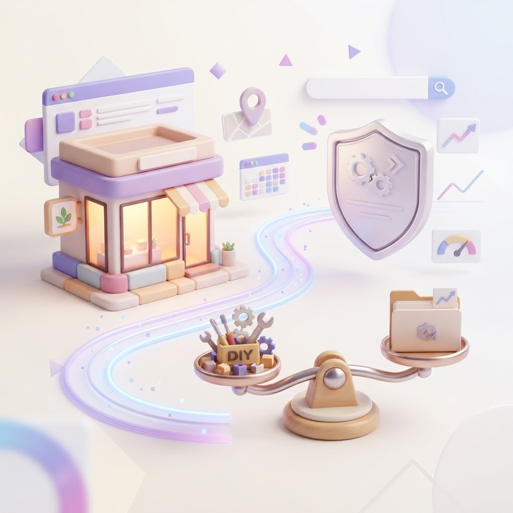 A small business storefront and professional agency badge on a scale representing SEO options.