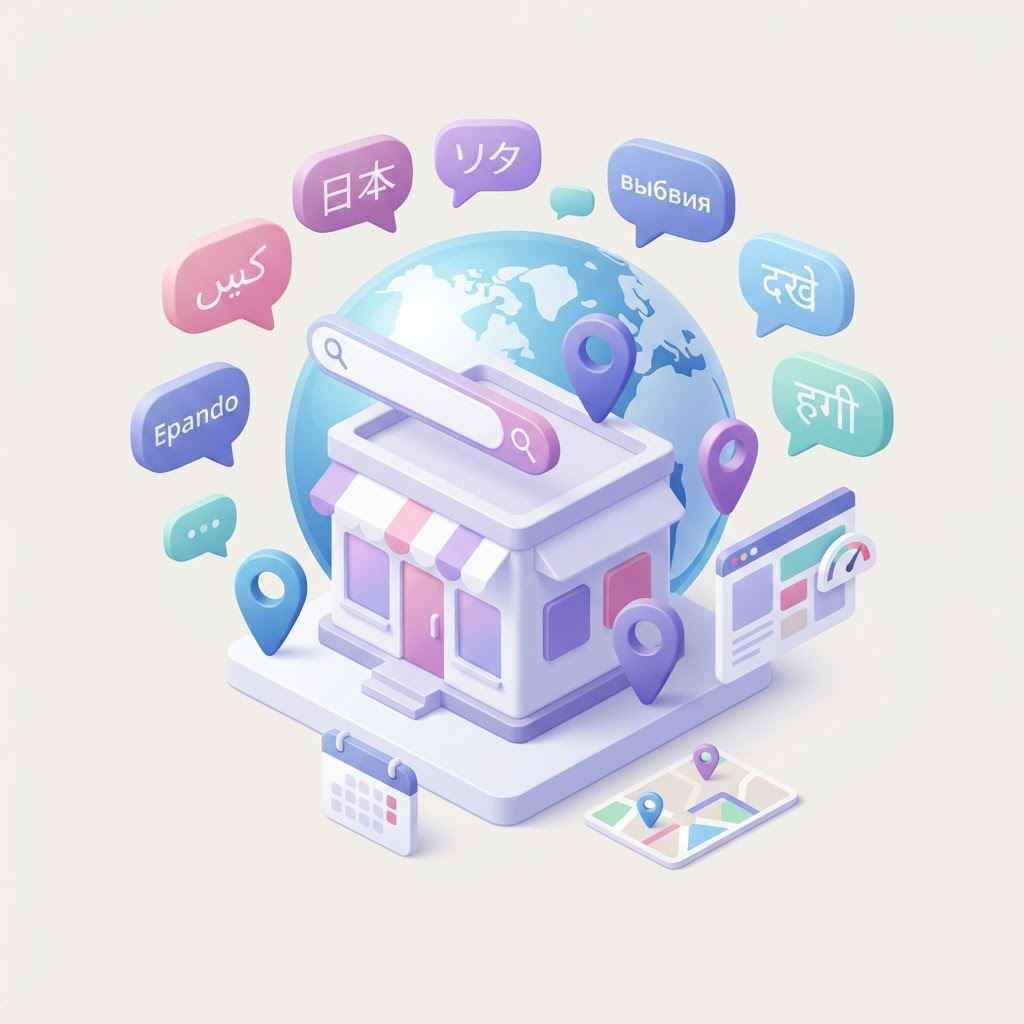 A 3D storefront icon combined with a globe and speech bubbles representing multilingual SEO.