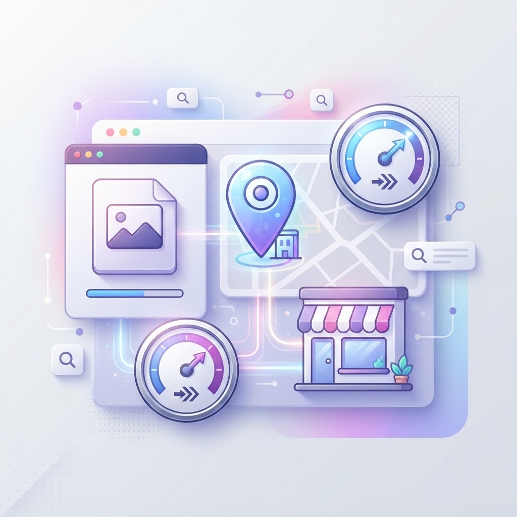 Modern illustration showing a web image file with a speed gauge and map pin for local SEO.