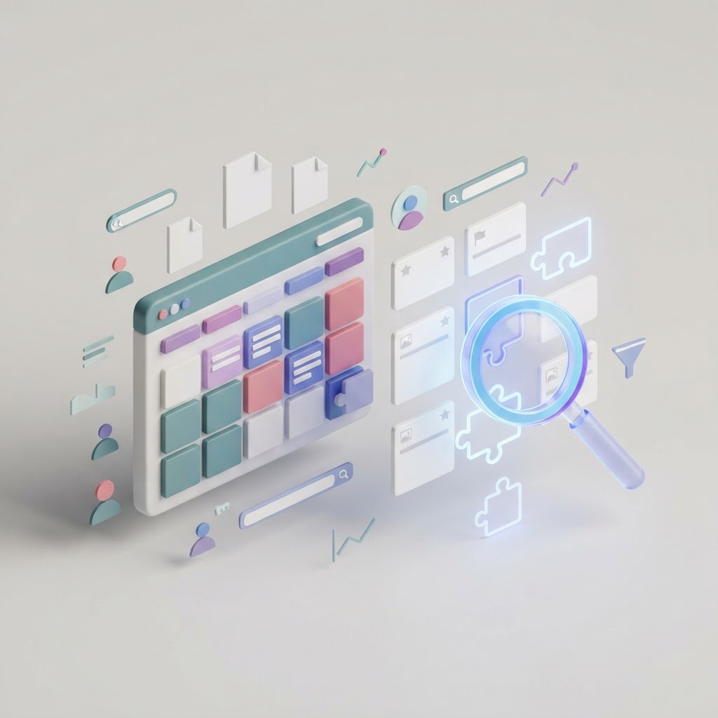 An isometric 3D graphic showing a magnifying glass examining content cards on a digital calendar.