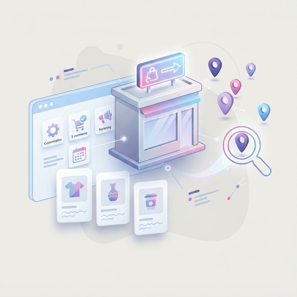 A 3D illustration of a local business storefront connected to digital service and product icons.