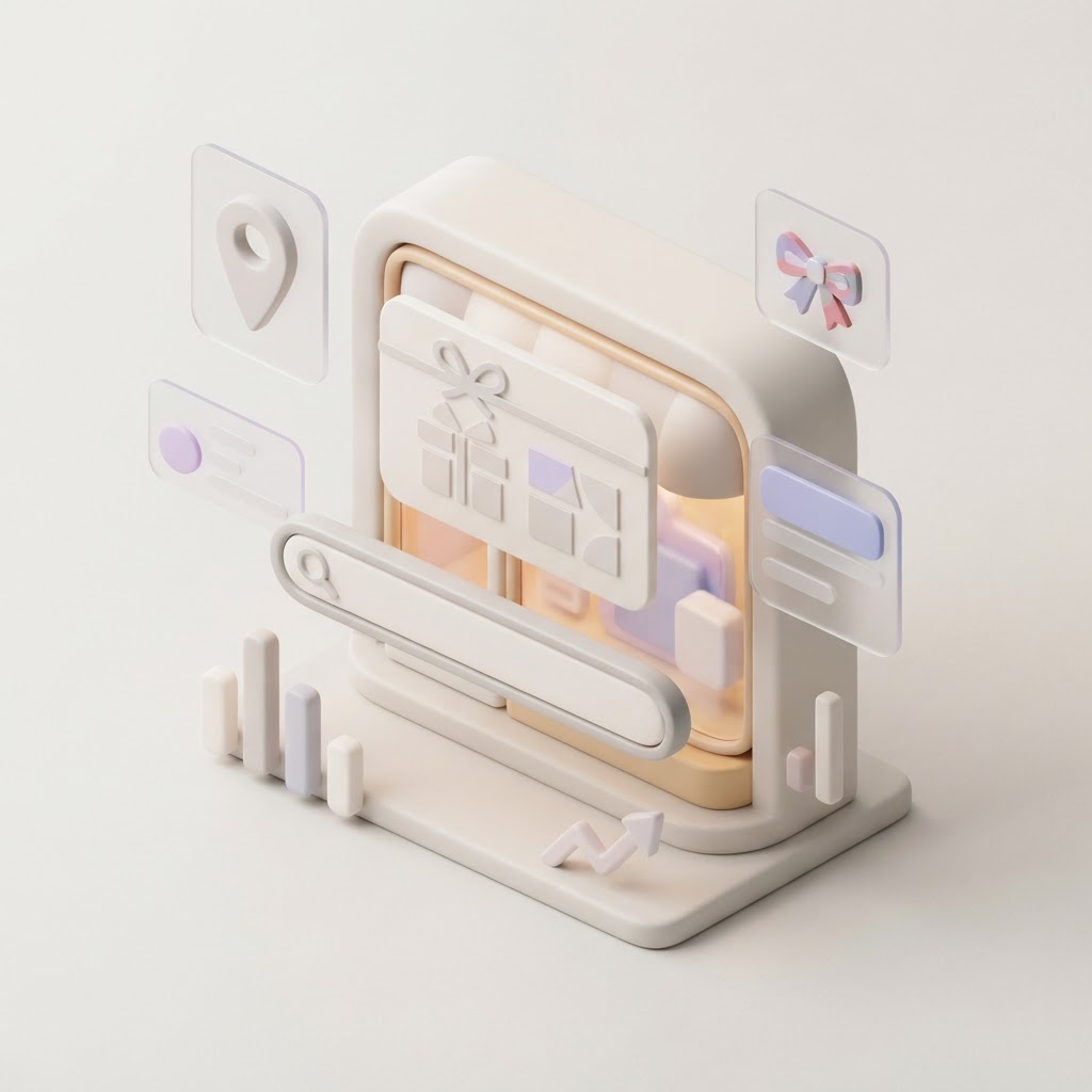 A 3D illustration featuring a storefront, a gift card, and SEO search interface elements.