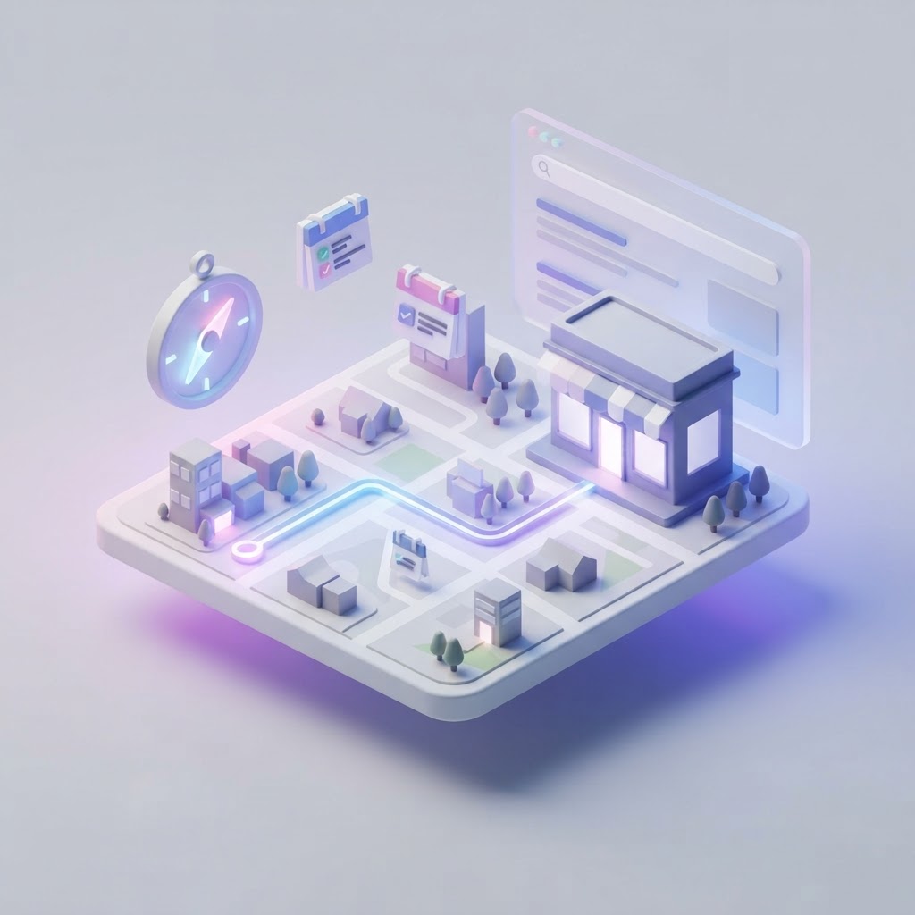 A 3D isometric roadmap leading to a local business storefront icon with digital SEO motifs.