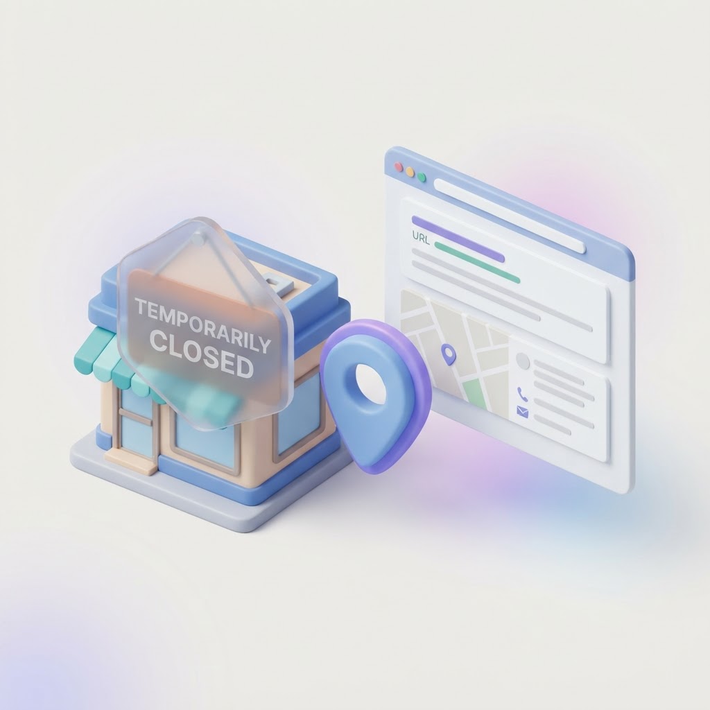 A 3D icon of a storefront with a closure sign and map pin, representing temporary business updates.