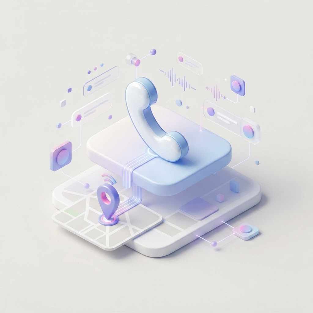 A stylized 3D icon of a telephone connected to a digital map pin on a clean neutral background.