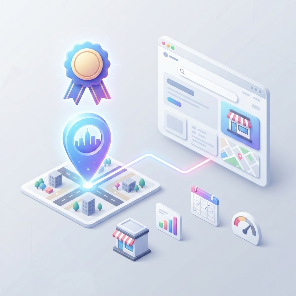 An award icon linked to a digital map pin and browser window representing local SEO link building.