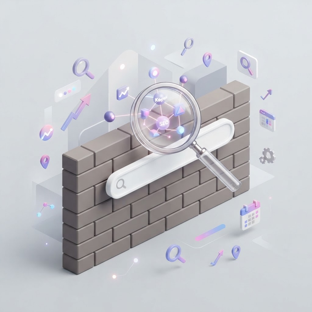 A magnifying glass discovering hidden keyword nodes behind a competitive barrier.