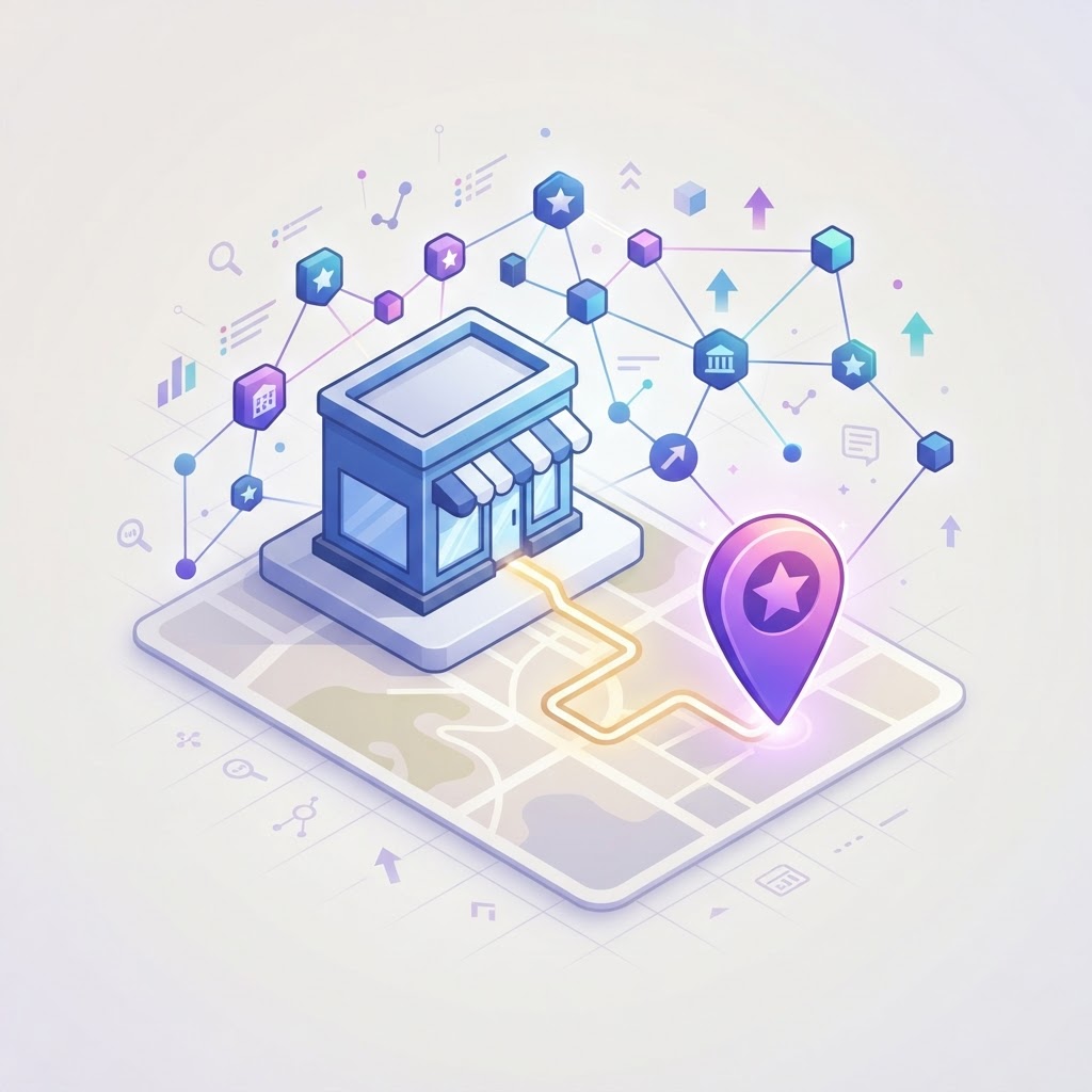 A 3D isometric graphic showing a storefront connected to a map pin, representing local SEO.