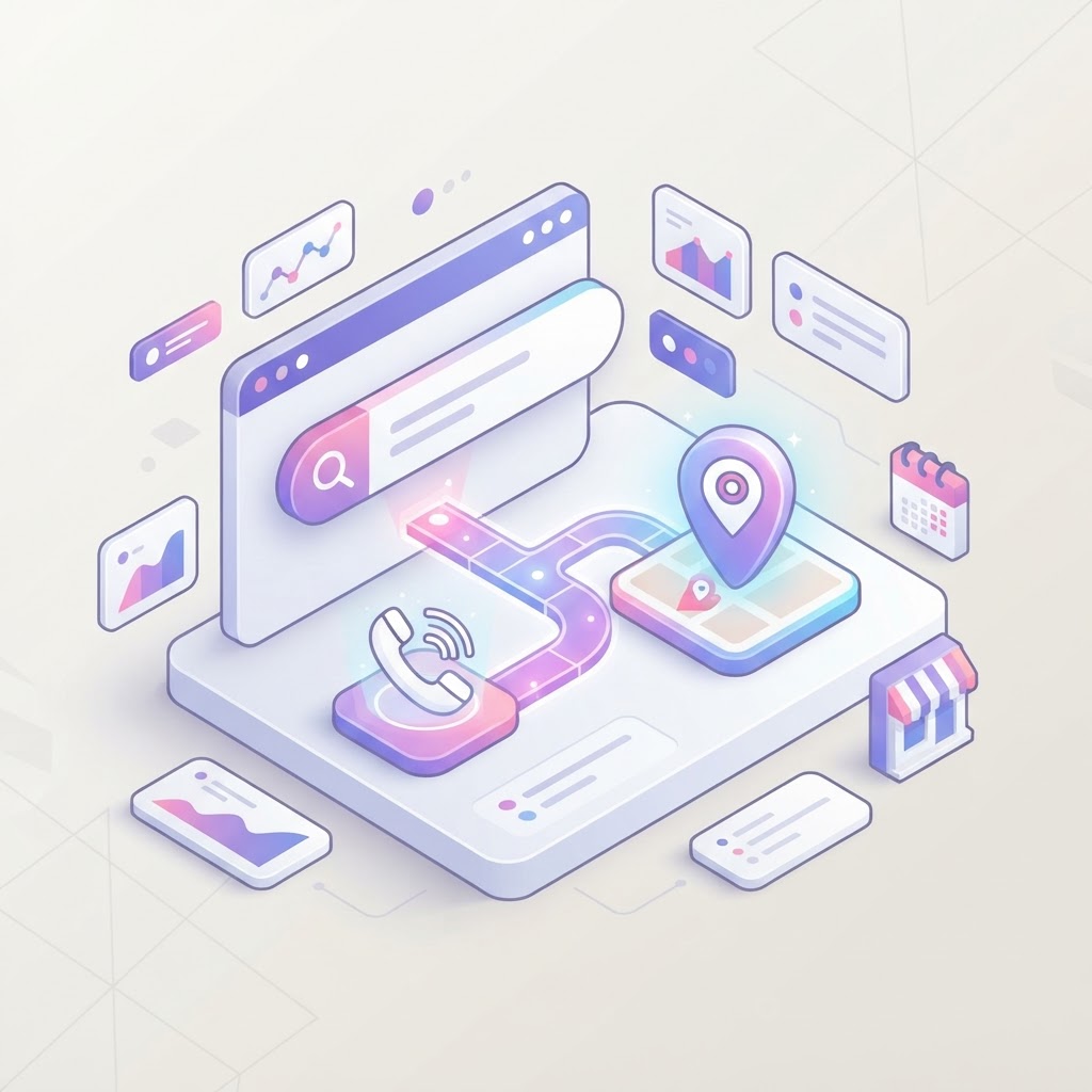 A 3D graphic showing a search bar connected to a phone icon and map pin, representing lead generation.