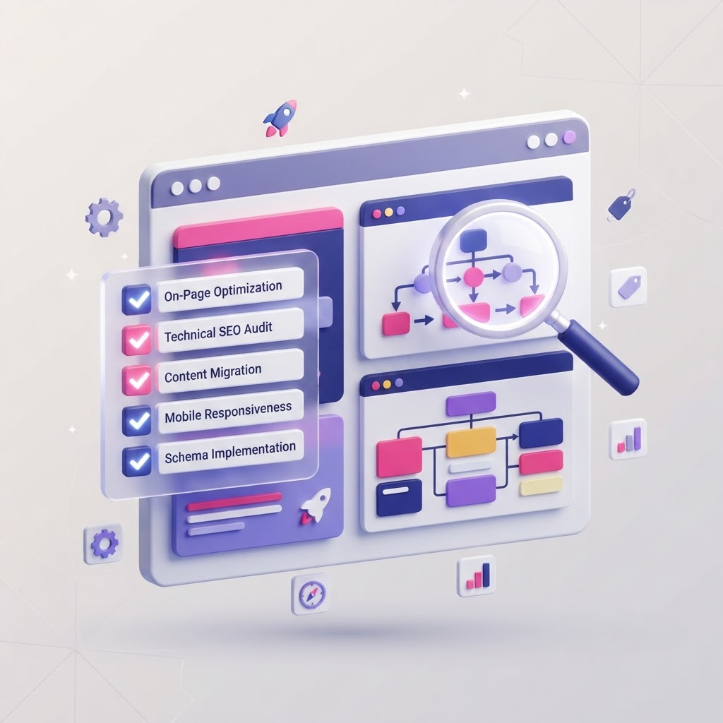 A 3D illustration of a website redesign checklist with floating icons and a browser interface.