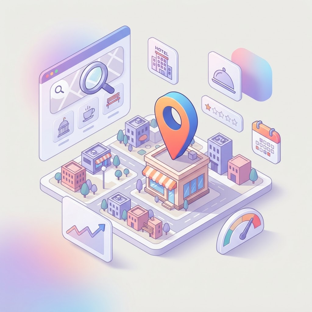 An isometric city map with a location pin and floating digital interface elements.