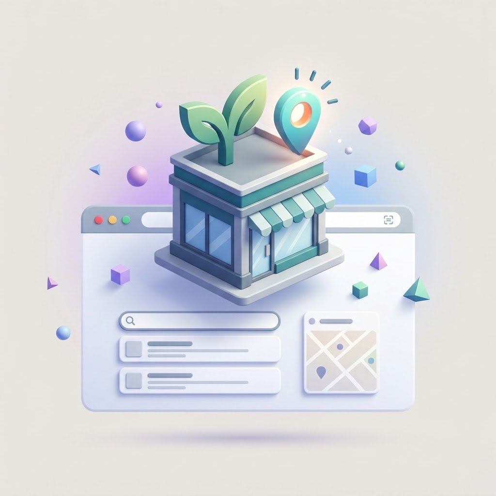A 3D illustration of a local storefront with a green leaf icon and map pin on a browser interface.