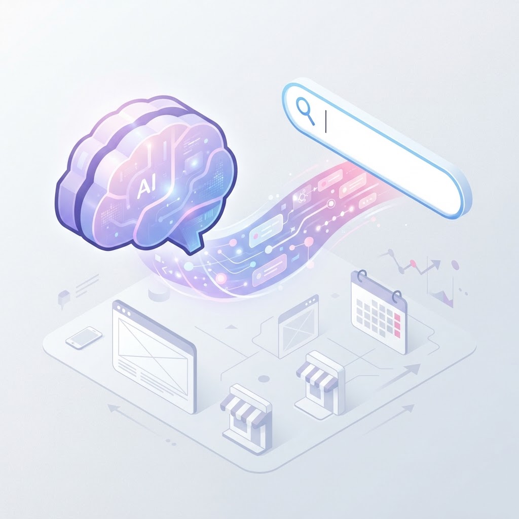 A 3D graphic showing an AI brain icon bridging the gap to a traditional search bar.