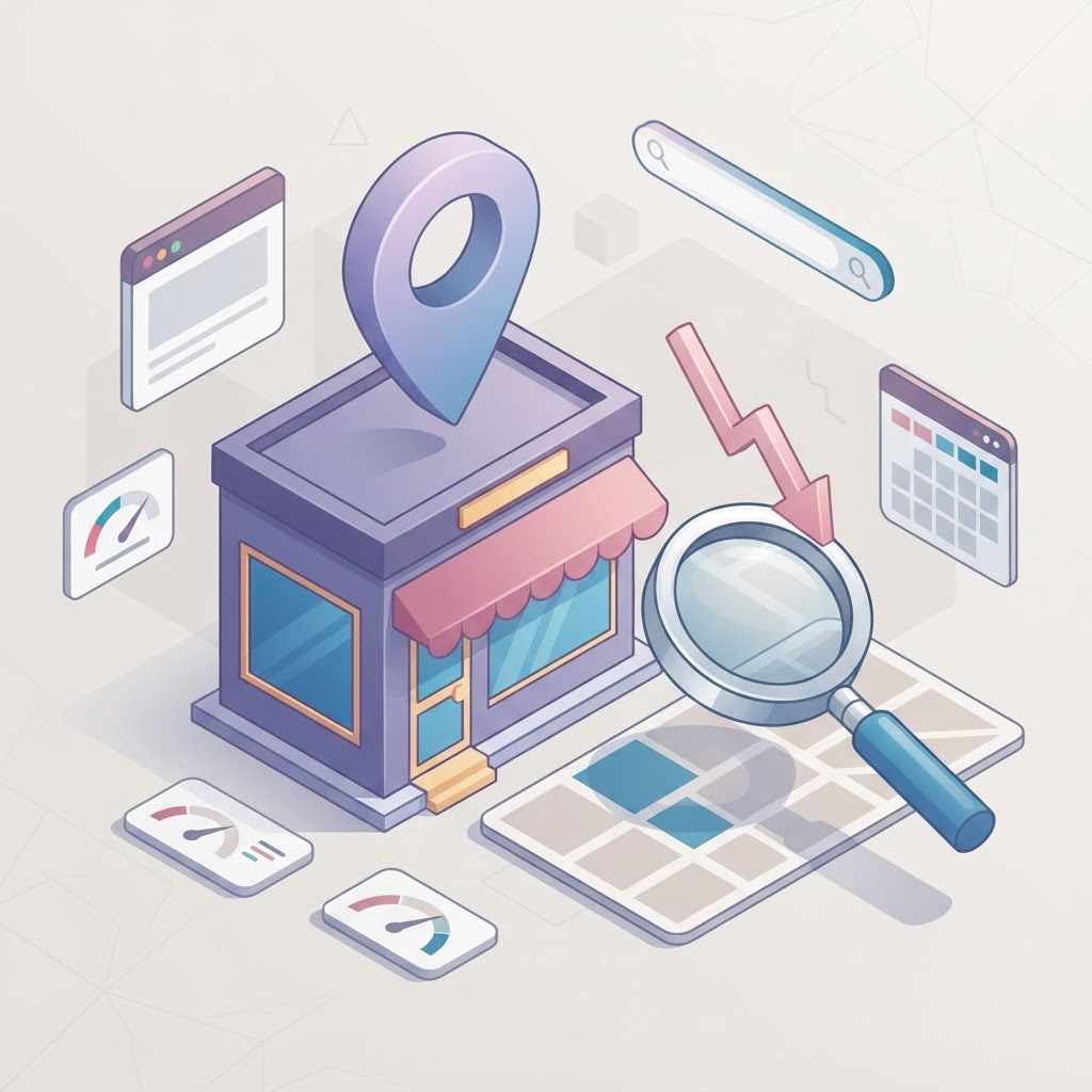 A 3D isometric illustration of a map pin over a digital storefront with a downward arrow.