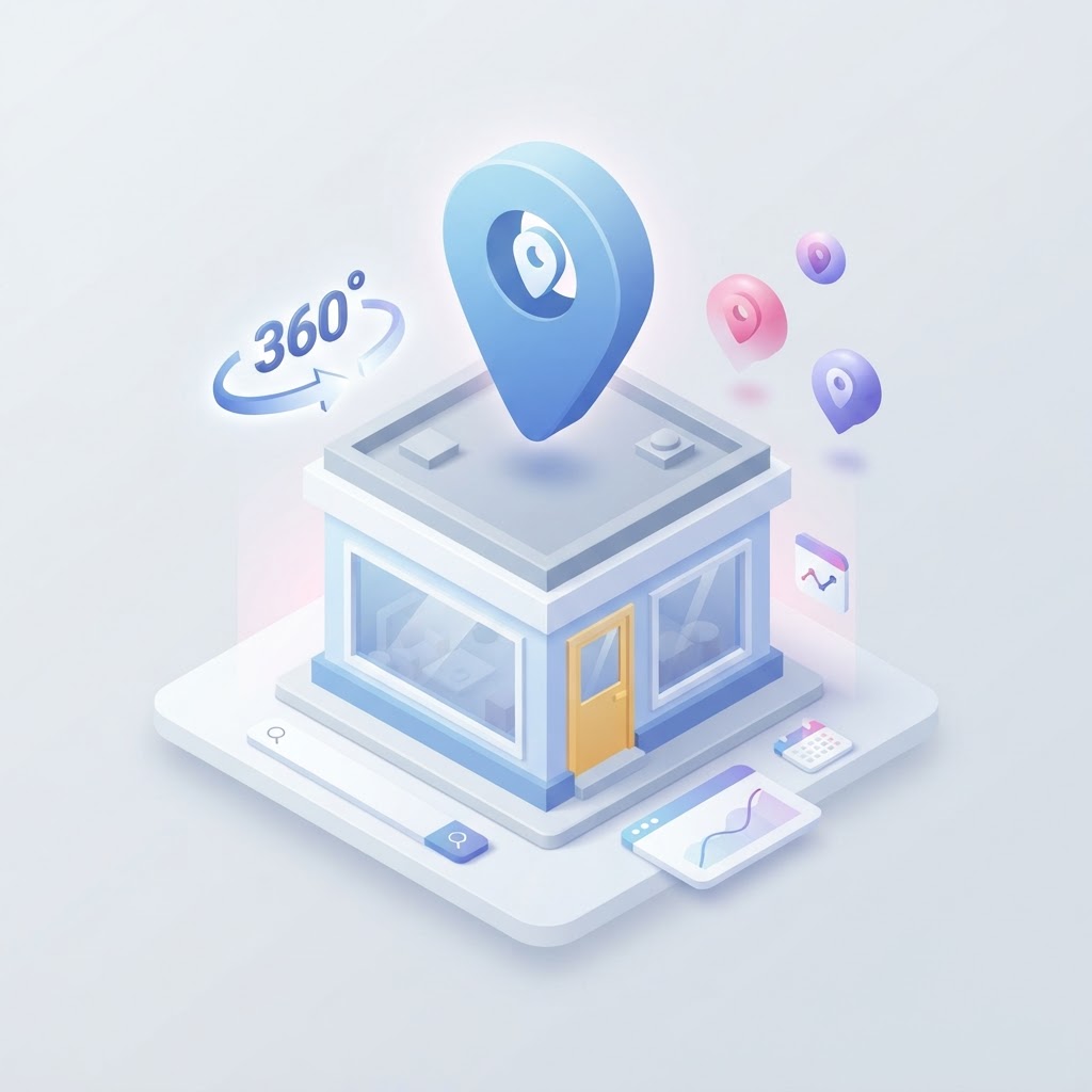 A 3D map pin above a storefront with 360-degree icons, representing virtual tours for local SEO.