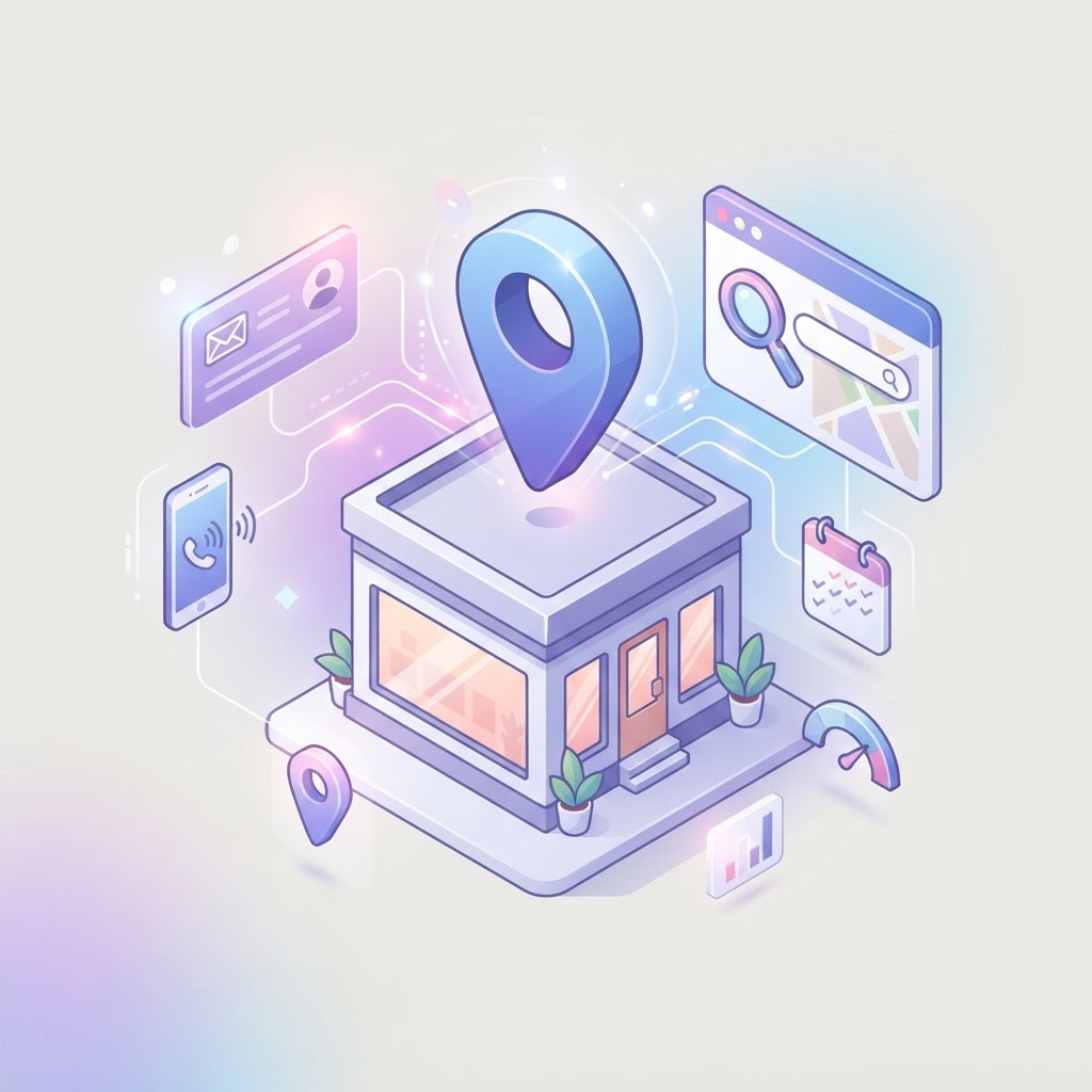 A 3D map pin icon above a storefront, symbolizing business location and contact consistency.