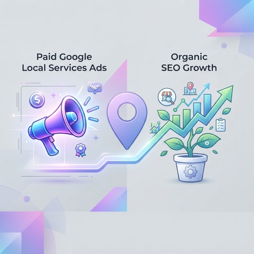 A 3D graphic showing a megaphone and an organic plant chart representing paid vs organic SEO.