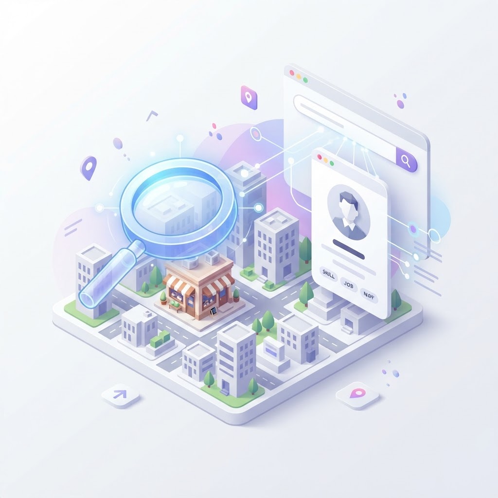 A stylized city map with a magnifying glass and digital profile icon representing local hiring.