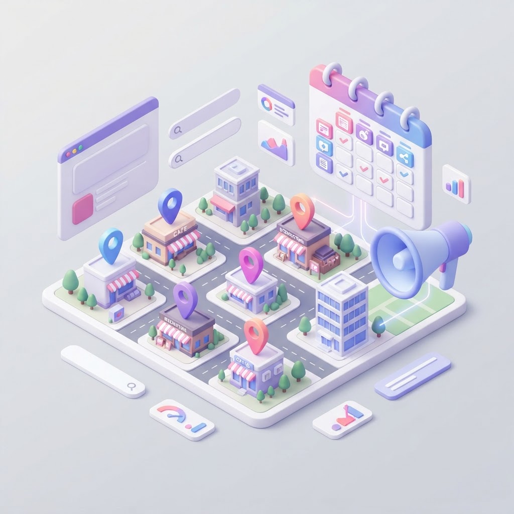 Isometric map with location pins and a content calendar, symbolizing local event SEO.