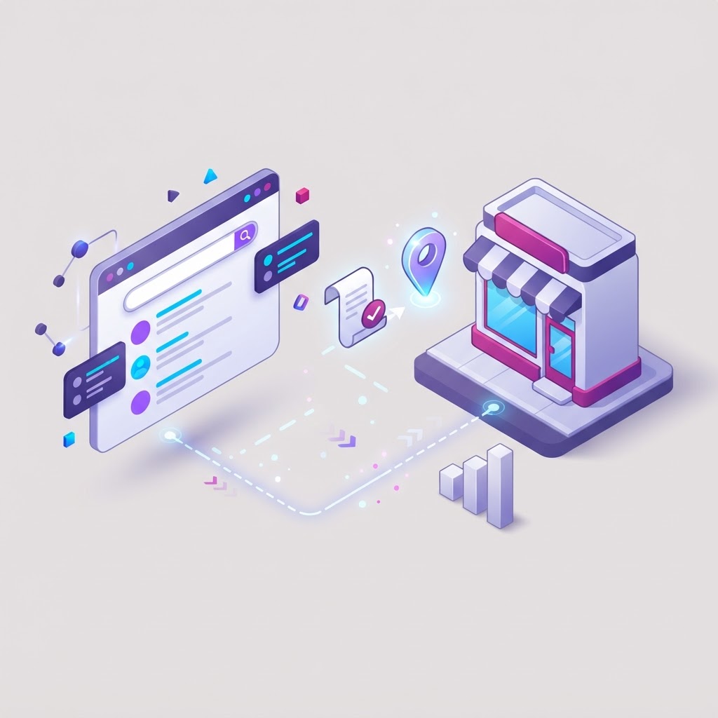 A 3D graphic showing a digital browser interface connecting to a physical storefront.
