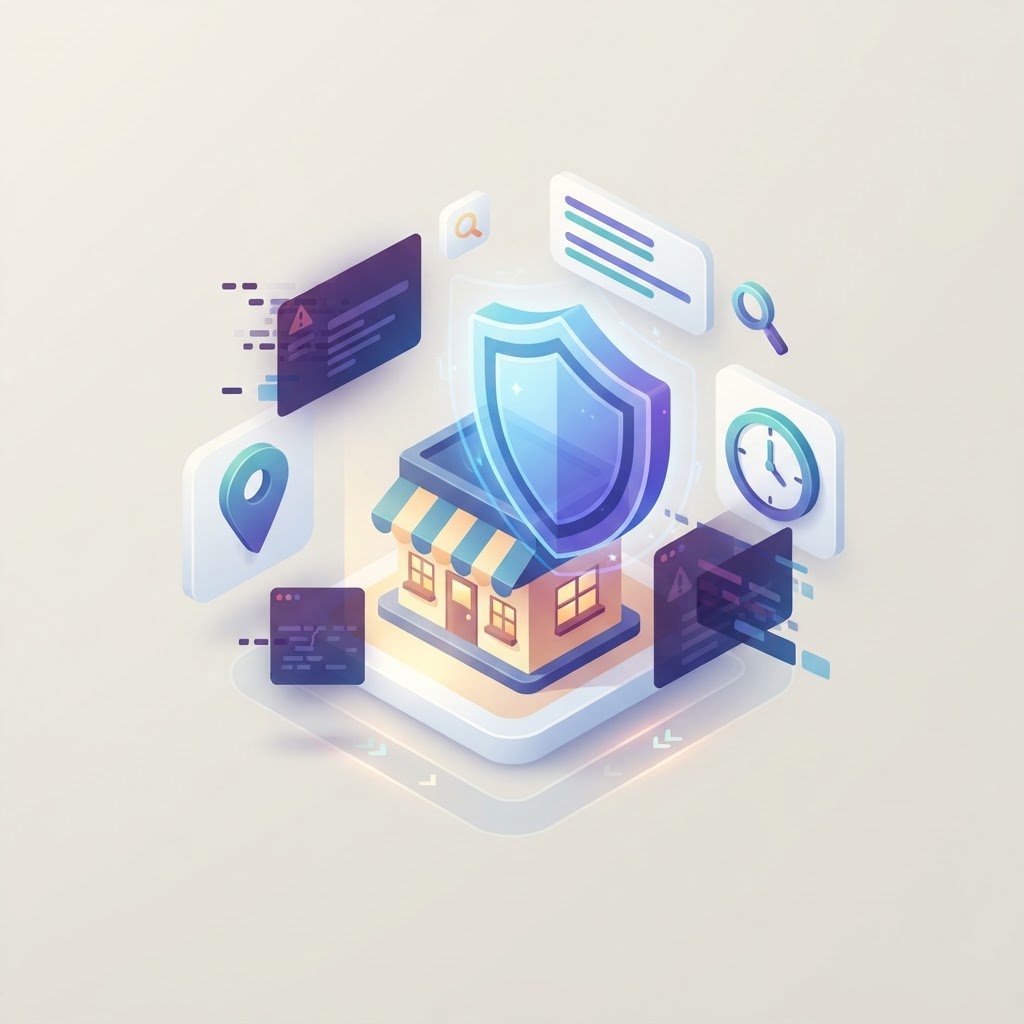 A digital storefront icon protected by an isometric shield symbol with floating interface elements.